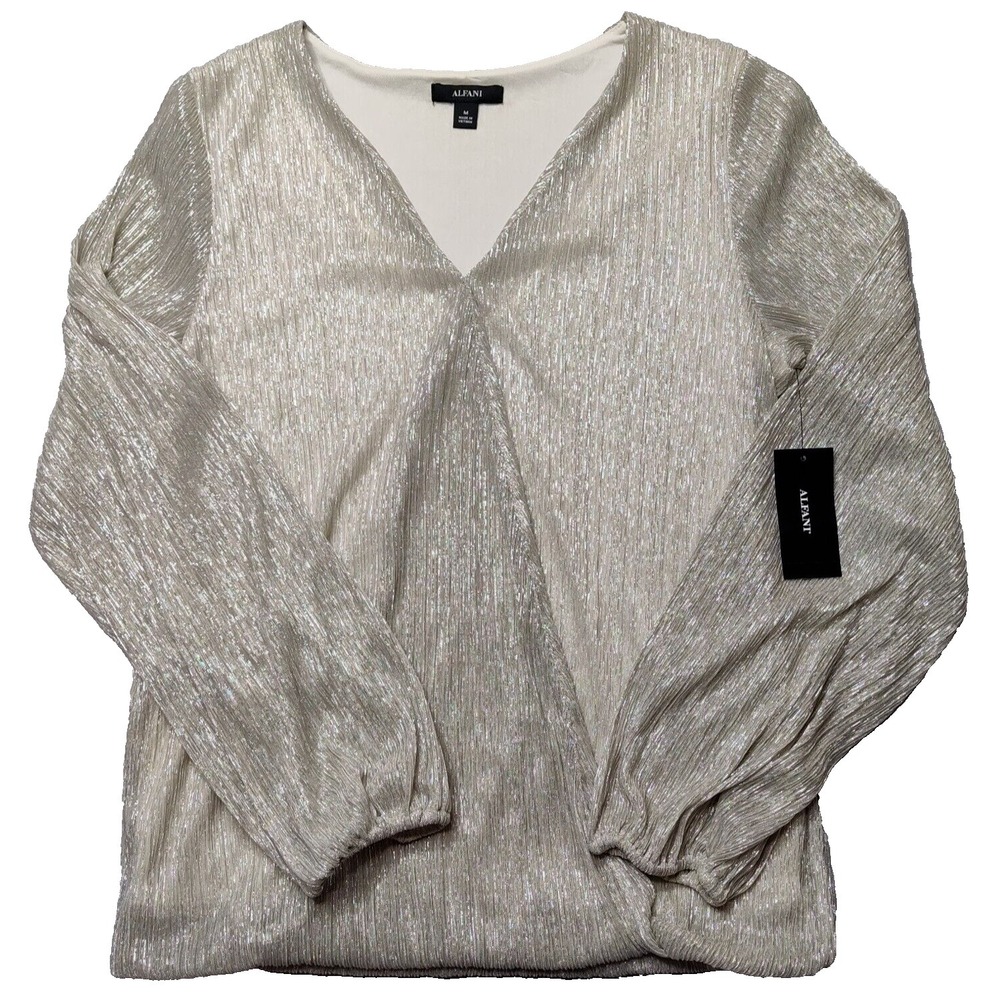 ALFANI Women Medium Pure Ivory Metallic Silver Romantic Holiday‎ Blouse NEW